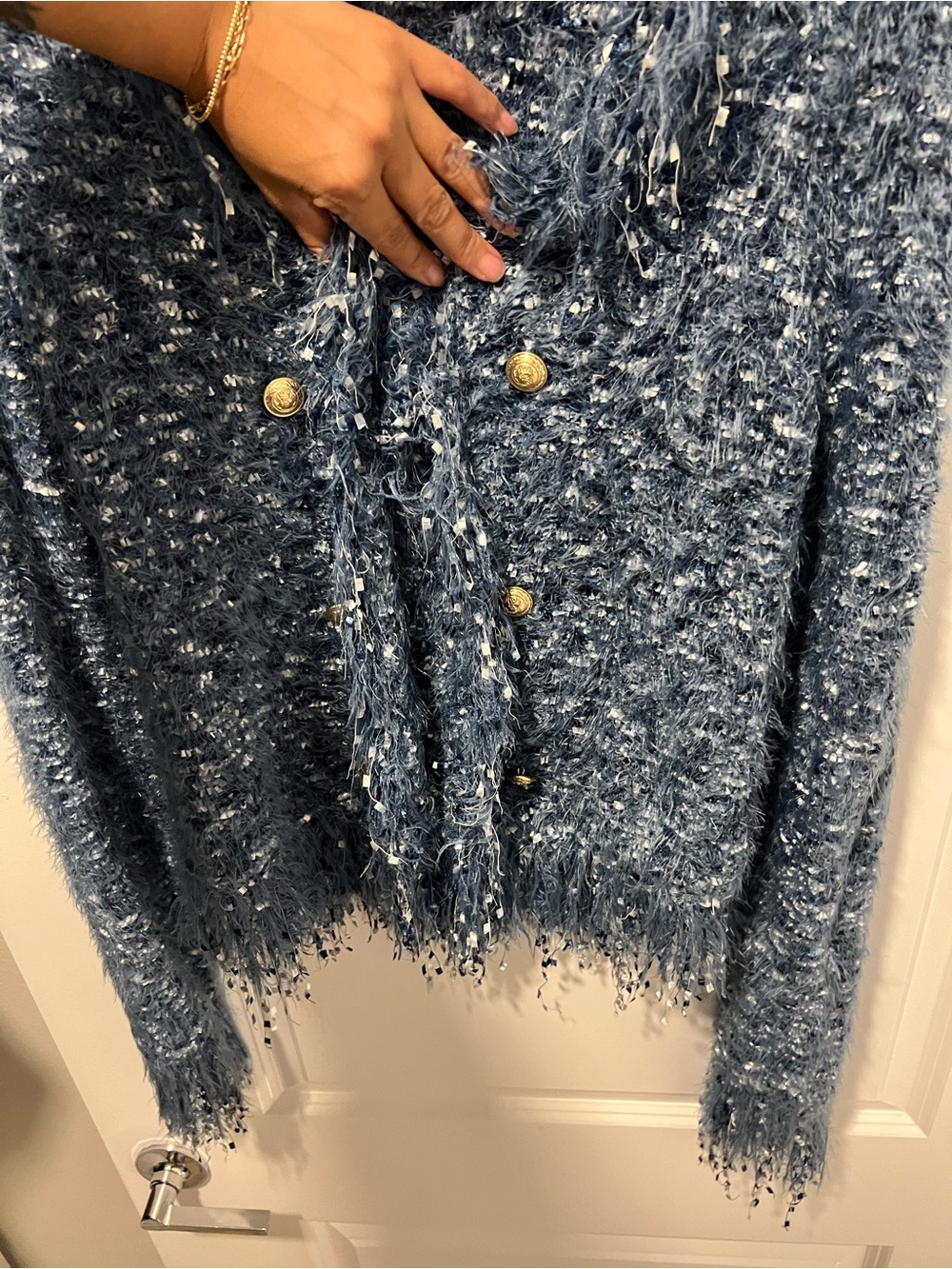 L'AGENCE Blue Textured Fringe Tweed Jacket - Picture 5 of 8